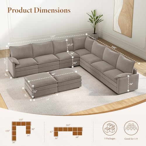 Image of Vesgantti Large Modular Sectional Sofa, Big Comfy Cloud Couch with Ottoman Deep Seat Chenille Cloud Sofa, 9 Seater Large Sectional Couches for Living Room, Bedroom and Apartment, Orange