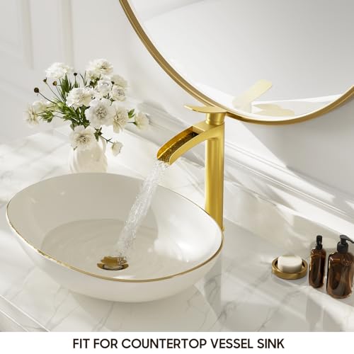 Phiestina Brushed Gold Tall Bathroom Vessel Sink Faucet, Single Hole Single Handle Waterfall Modern Bathroom Faucet, with Pop Up Drain and Water Supply Line, NS-SF01-BG-V by phiestina - Used condition - Image 2