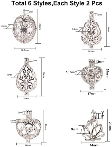 PandaHall Elite 12pcs 6 Shapes Platinum Hollow Brass Bead Cages Pendant Aromatherapy Essential Oil Diffuser Locket Cage Charms for DIY Bracelet Necklace Earrings Jewellery Making