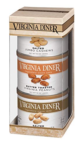 Virginia Diner - Salted Triplet Treasure Gift Set (Salted Virginia Peanuts, Butter Toasted Peanuts, & Salted Jumbo Cashews), Three 10 Ounce Tins