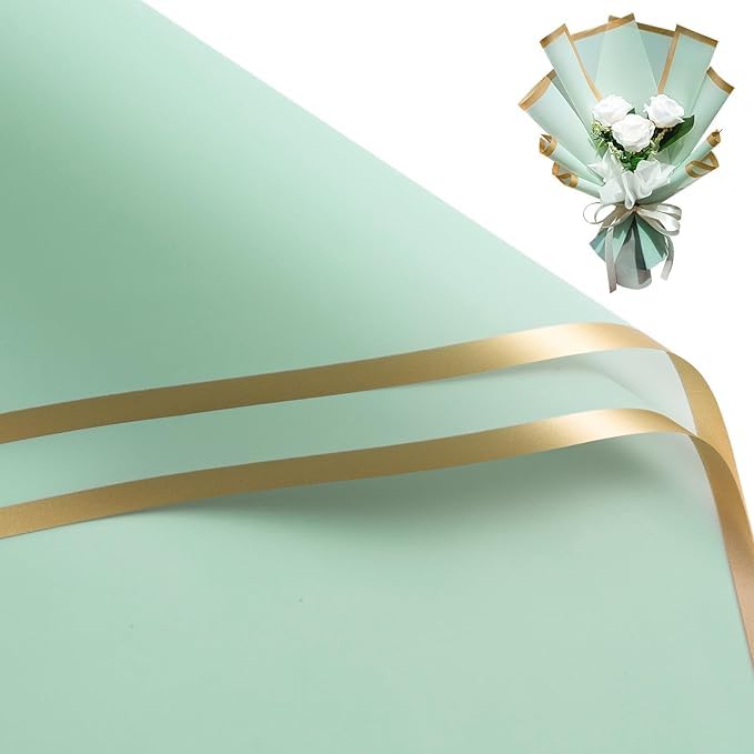 Image of Zarwani - 5 Sheets Korean Style Waterproof Pista Green Bouquet Wrapping Paper (58cm x 58cm, 60 Microns) | Golden Border Design, Giftwrap for Flowers & Gift Wrapping Paper (5,Gold Border Pista Green)