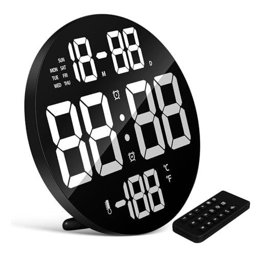 Garneck Reloj De Pared Digital Redondo 23 Cm Led Blanco con Control Remoto, Alarma Digital, Calendario y Termómetro para Dormitorio y Escritorio, Soporte Desmontable Ajustable