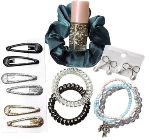 Image of ASPIRE-T Stylish Hamper For Gifting & Personal Use Accessories Scrunchies, Giltter Hair pins (set of 3), Spring Rubber Band, Bow Earrings, Nail Polish, Hand Braclates (set of 3) With Box