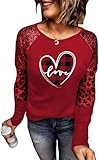 TIXOM Womens Valentine's Day Love Heart Plaid T-Shirt Sequined Leopard Stripe Splicing Long Sleeve Raglans Shirt Graphic Tees(XL,S-Red-1)