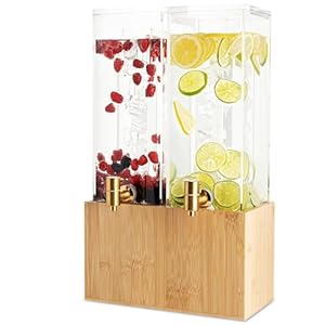 1.25 Gallon Dual Acrylic Beverage Dispenser with Bamboo Stand – Iced Drink Dispenser with Stainless Steel Spigot & Built-in Ice Core