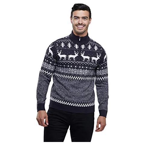 Broken Standard Mens Reindeer Festive Fairisle Zip Funnel Neck Christmas Jumper Navy Cover
