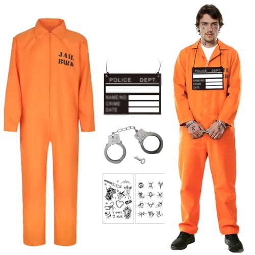 GTJEOI Disfraz de Prisionero, Ropa de Prisión Naranja, Mono Naranja Disfraz Preso Hombre, disfraz de Prisionero para Hombre para Cosplay, Carnaval, Fiesta, Decoración (L)