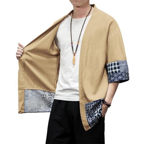 Image of PRIJOUHE Men's Kimono Jackets Cardigan Lightweight Casual Cotton Blends Linen Seven Sleeves Open Front Coat Outwear