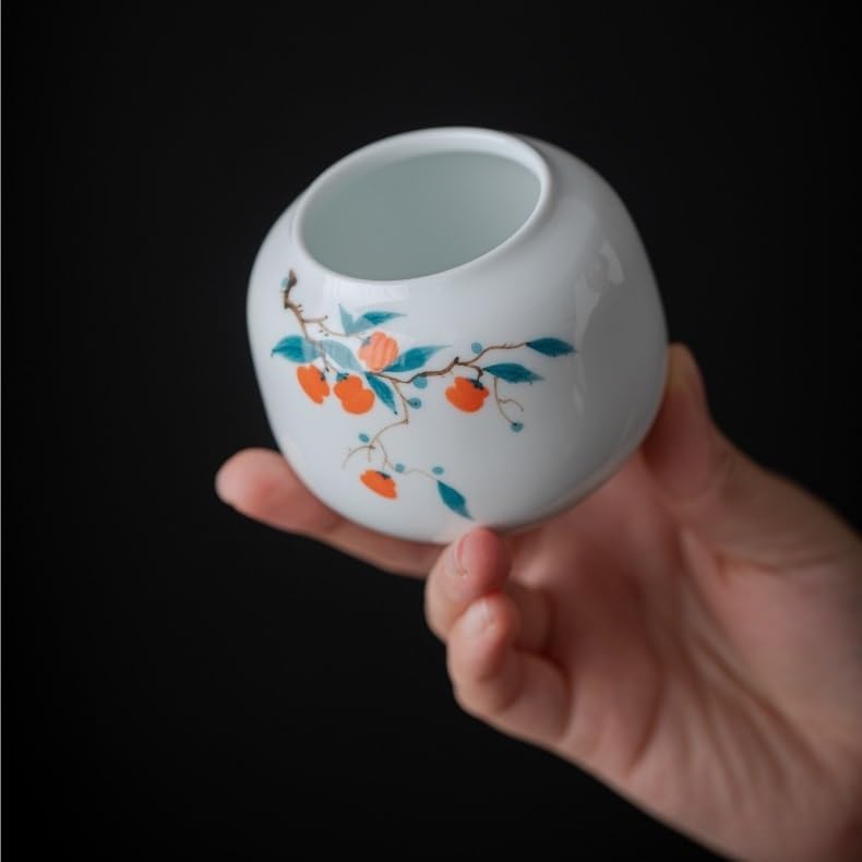 SONGCHAO Sugar Jar White Porcelain Hand-Painted Persimmon Four Gentlemen Small Jar Ceramic Tea Can Underglaze Color Storage Sealed Tea Canister(D)