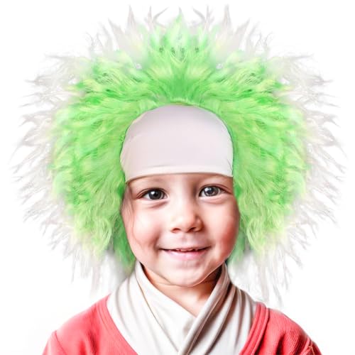 Imeyle Betelgeuse Cosplay Wig For Kids Pennywise Wig Short Green And White Bald Wig Balding White Crazy Spiky Wig For Kids Outfit Short Green Wig Boy Halloween Costume Party Synthetic Wig+ Wig Cap cover