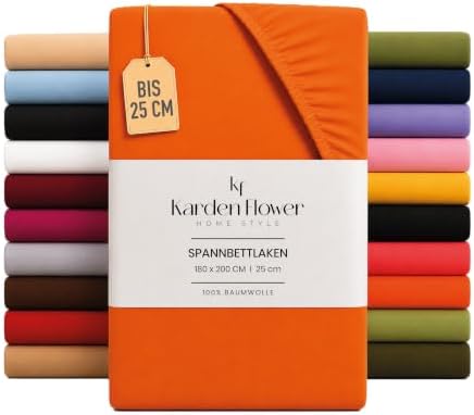 Karden Flower Jersey Spannbettlaken 140x200cm Orange - Spannbetttuch 100% Baumwolle, Bettlaken 140x200 Bis 25 cm Matratzenhöhe Orange