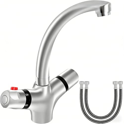 awolsrgiop Mitigeur de lavabo thermostatique 20-50 °C avec 2 poignées, contrôle de la température de haute précision et protection anti-brûlure, bec rotatif à 360° en laiton pour salle de bain