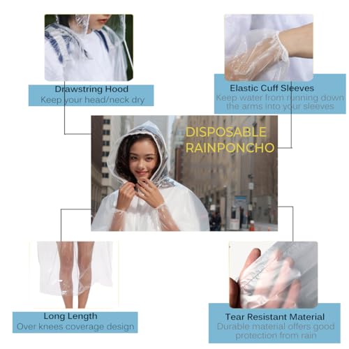Disposable Rain Ponchos for Adults, Emergency Rain Coat with Drawstring Hooded Rain Jacket Family Pack, Clear4