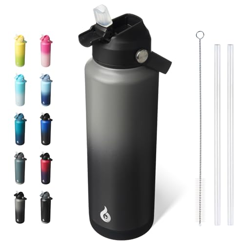 Image of BJPKPK Insulated Water Bottle with Straw Lid, 40oz Large Thermo, BPA Free Leak Proof Stainless Steel Metal Water Bottles, Tumblers, Cups, Flasks for Travel, Sports,Black Grey
