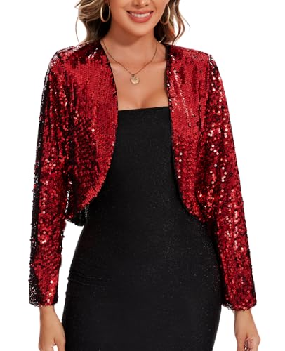 Image of MINTLIMIT Women's Sequin Shrug Bolero Long Sleeve Open Front Party Sparkly Cropped Cardigan Glitter Shiny Jackets