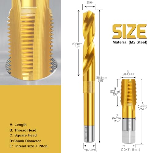 Image of 3 /8-18 NPT Pipe Tap and 37 /64 inch Drill Set,M2 HSS Hand Threading Plumbing Tap