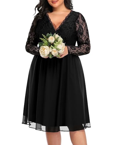 Image of Pinup Fashion Plus Size Lace Chiffon Wrap V Neck Dresses Women Cocktail Wedding Guest Midi Dress