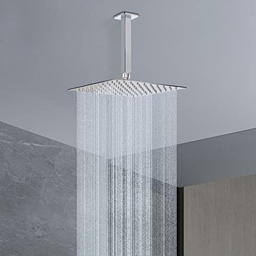 Image of Ceiling Mounted Shower Arm, Rain Shower Square Extension Arm with Flange and Teflon Tape Stainless Steel Ceiling Mount Shower Extender (6 Inch, Chrome)