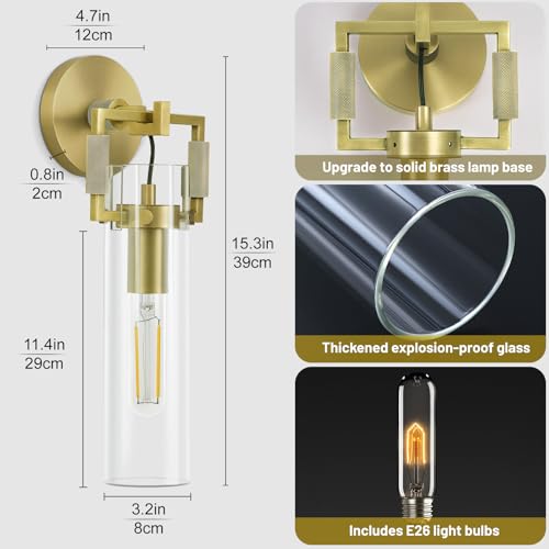 Image of Modern Brass Wall Sconces,15.3'' Hardwired Wall Sconce with Knurled,Farmhouse Indoor Bathroom Sconce,Gold Vanity Lights for Bathroom,Glass Wall Sconce for Living Room,Bedroom,Hallway,Staircases