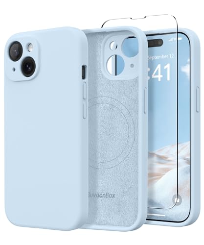 SuydanBox Magnetic for iPhone 15 Case Compatible with MagSafe [Screen Protector + Full Camera Protection] Silicone Shockproof Anti-Scratch Protective Phone Case for iPhone 15 6.1 Light Blue