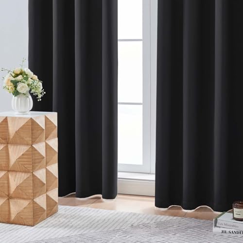 Image of Aiyufeng Black Blackout Curtains for Bedroom 84 Inch Length 2 Panels Set, Solid Thermal Insulated Privacy Protect Living Room Window Treatment Curtains Blackout Drapes, W52 x L84 Inch
