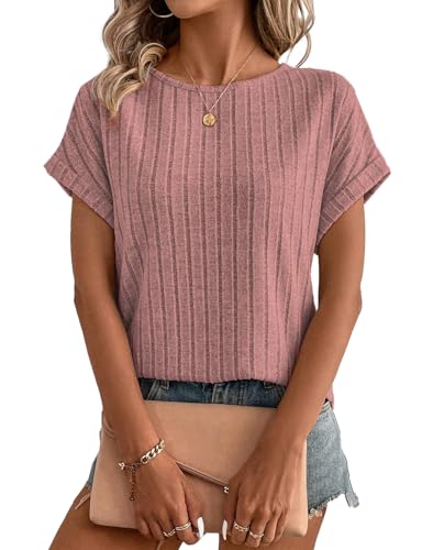 Gemulate Short Sleeve Summer Tops Spring Tshirts Sweaters for Women Apparel Crewneck Ladies Casual besic Dressy Tops Womens Plain Blouses Dressy Tunic Shirts Womens Clothes Pink XXL