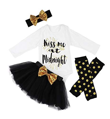 Image of DONWEN Baby Girl First New Year Outfit Kiss Me at Midnight Romper+Black Tutu Skirt+Dot Leg Warmers+Headband 4pcs Outfit Set