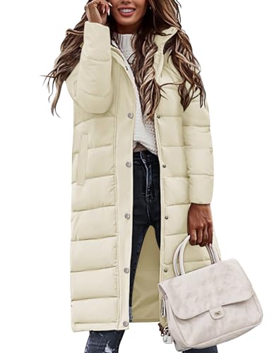 Vancavoo Wintermäntel Damen Lang Steppmantel Winter Daunenmantel Warm Jacke Mantel Daunenjacke Steppjacke mit Kapuze und Reißverschluss,Beige,S