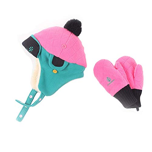 LeafIn キッズ ニット帽 手袋 2点セット 飛行帽 パイロット パイロットキャップ ベビー 帽子 子供 耳あて 防寒 ポンポン 女の子 男の子 春 秋 冬 (2点セット- ピンク/グリーン, L(51-54cm))