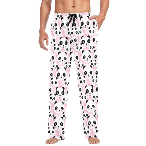 Men's Pink Panda Bears Pajama Pants with Pockets - Straight Fit Cotton Sleep Bottoms for Lounge & Nightwear#286