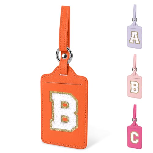 Initial Luggage Tag B for Suitcases TSA Approved, PU Leather Personalized Letter Luggage Tags with Privacy Cover ID Card, Orange Cute Embroidered Luggage Backpack Tags for Women Kids(1 Pack Letter B)