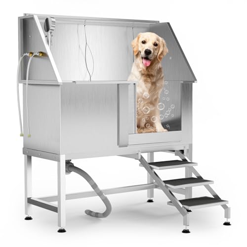 EcoExplorer 50" Stainless Steel Professional Dog Washing Station - Pet Bathing Tub w/Non-Slip Stairs & Storage Shelf