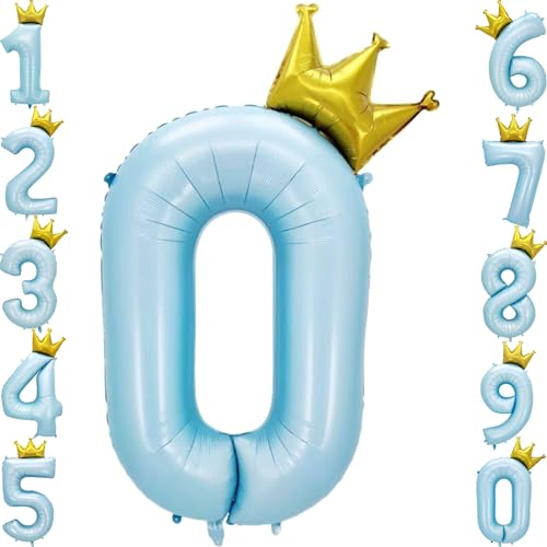 Image of MGJSRNH Giant Pale Blue 0 Number Crown Balloons 40 Inch Light Blue 0 Mylar Helium Large Crown Digital Balloon Baby Blue Birthday Numbers Balloons 10th Birthday Kids Theme Party Decoration Supplies