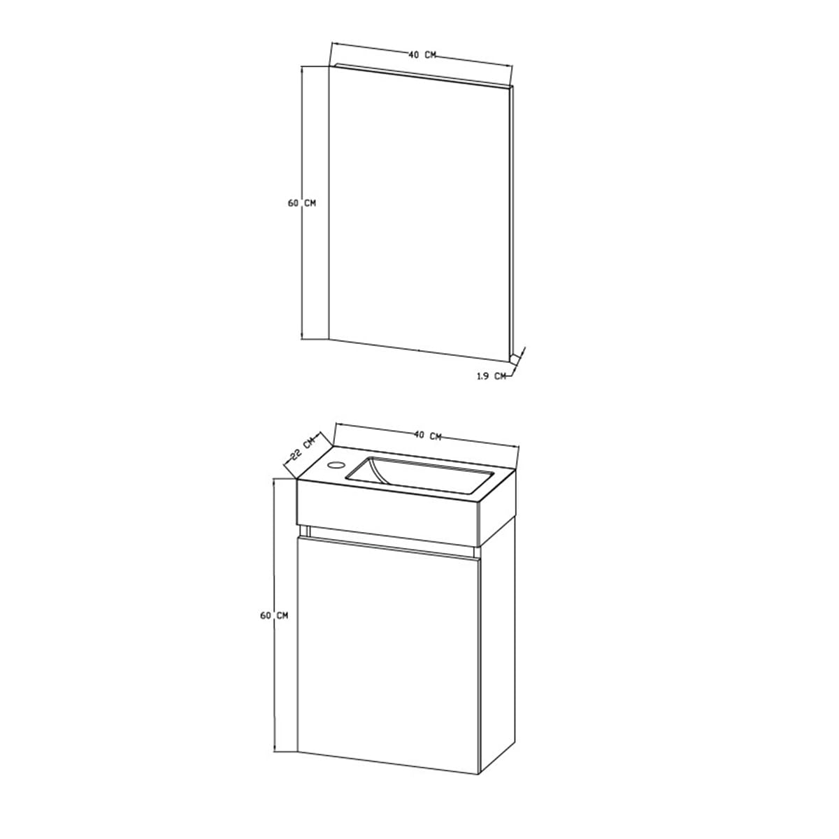 Belvit Badmöbel Set 40 cm, Handwaschbecken aus Kunstmarmor 40,5 x 22,5 cm, MDF Unterschrank grifflos mit Soft Close Tür umkehrbar, Spiegel, wandhängend, inkl Montagematerial, Weiß glänzend