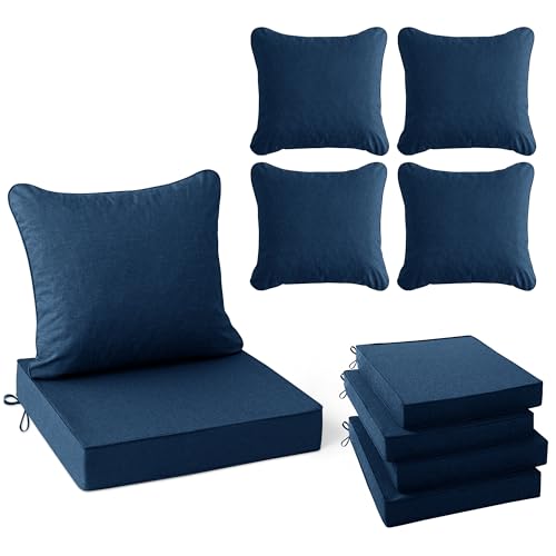 Image of Summsun Outdoor Chair Cushions, Faux Linen Backrest and Seat Cushion Set for Patio Furniture with Weather Resistant Removable Cover, Straps, Non-Slip Bottom, 19 x 19 Inch, Navy, Set of 4