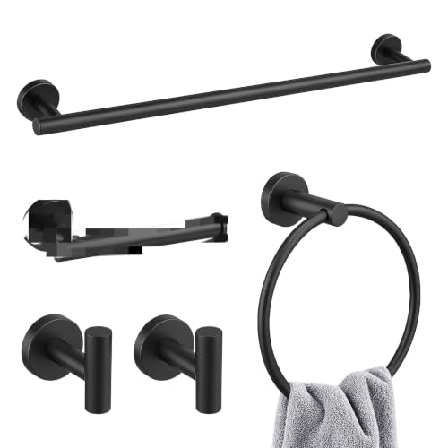 Lightista Toilet Roll Holder and Towel Rail Set Set of 5 Black Bathroom Accessories Set Wall Mounted Bathroom Hardware Set Includes Toilet Paper Holder Towel Ring Towel Bar and Wall Hook