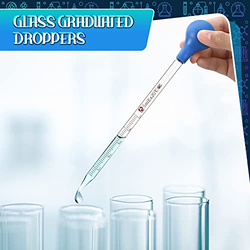 Weewooday Glass Droppers Pipettes Graduated Lab Dropper Glass Liquid Pipette with Big Rubber Hats 20 cm Stir Rod Washing Brush Transfer for Liquid Essential Oil(16 Pieces,Blue,5 ml)