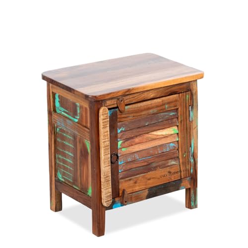 Image of Wooden Bedside Table for Bedroom | Solid Wood Bedside Table with Drawers | Corner Side Table for Living Room | Traditional Handcrafted Furniture for Home Decor (Reclaimed)