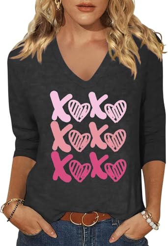 Image of Womens 3 /4 Sleeve V Neck Valentine T Shirts Love Heart Printed Graphic Tee Tops