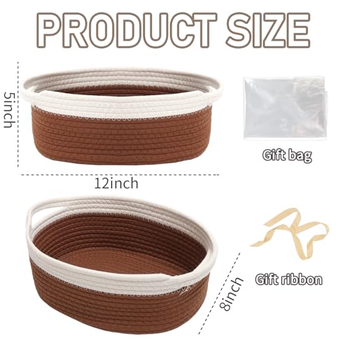 Image of JMvicyroam Small Woven Basket, Empty Gift Basket, White&Brown /2 Pack | Small Gift Basket, Cotton Rope, 12 x 8 x 58 in, Handles, Includes Ribbon and Bag, Birthday Gift Basket
