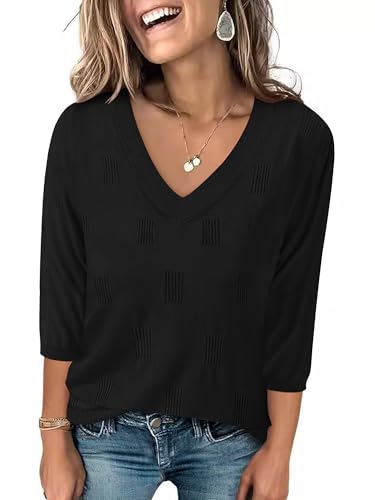 Womens 3/4 Length Sleeve Lightweight V Neck Pullover Sweaters Fall Winter Business Casual Sweaters Tops Shirts