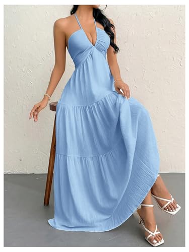 Image of SHENHE Women's Deep V Neck Tie Knot Backless Halter Dress A Line Flowy Ruffle Maxi Dress