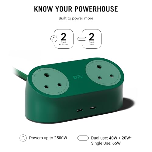 Image of DailyObjects Loft Charging Station - 2 Type-C Ports - 65W, 2 Type-D Ports - 2500W, 5ft Long Cable, Compatible with All Devices, Supports Laptop Charging for Office, Home Appliances, GaN5 - Green