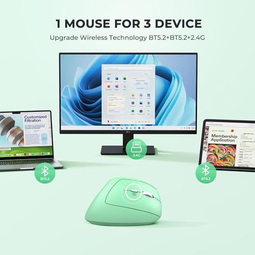 Image of MEETION Ergonomic Wireless Mouse, Bluetooth Vertical Rechargeable Mice, 4 Adjustable DPI 800-2400, Bluetooth 5.2+5.2+USB Mouse for Windows /Mac, for Laptop /PC /Desktop /Computer /iPad -Green