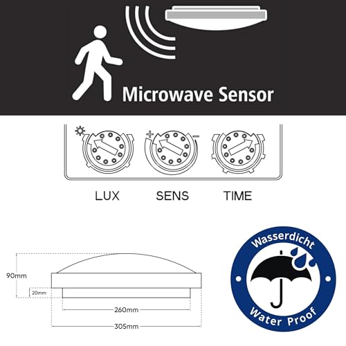 Deckenleuchte Wandleuchte IP54, HF-Bewegungsmelder, 2X E27, Metall-Rahmen, weiß