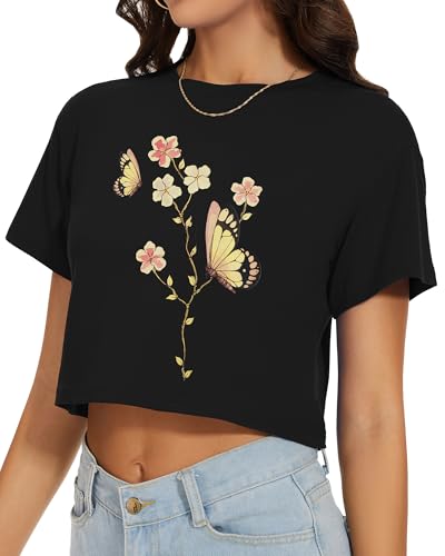 Image of Womens Summer Crop Tops Short Sleeve Round Neck T-Shirts Loose Fit Casual Blouse 2026