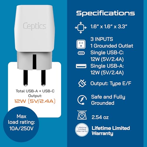 Image of Ceptics Schuko, Germany, France, Spain Travel Adapter Plug with Dual USB - USA Input Type E /F - Ultra Compact Perfect for Cell Phones, Laptop, Camera Chargers, iWatch, iPad, iPhone and More (CTU-9)