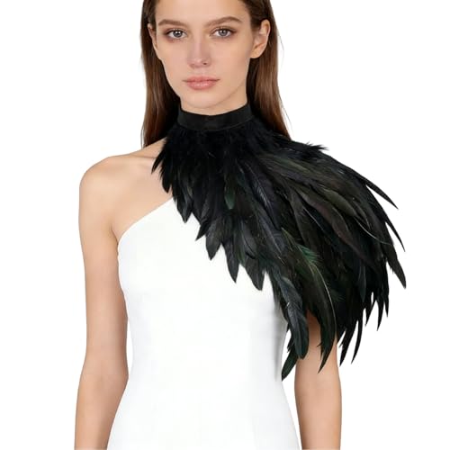 Federkragen Schwarz Pfau Kostüm Damen Federumhang Schwarz mit Feder Manschetten Gothic Federn Schulter für Cosplay Partys Feste Karneval