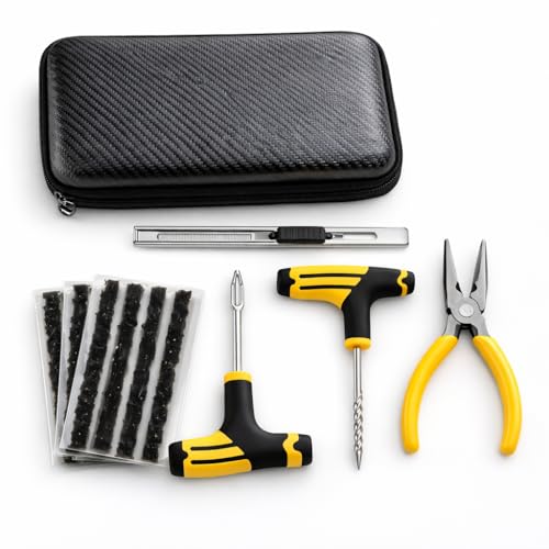 VILTEX Kit Pinchazos Coche Profesional - 15 Mechas Pinchazos Coche, Alicate, Herramientas en T y Cúter, Kit Antipinchazos Moto, Patinete y Bicicleta (6 Piezas) Reparación Neumáticos Sin Cámara