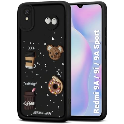 Image of TheGiftKart Back Cover Case for Redmi 9A / Redmi 9A Sport /Redmi 9i / Redmi 9i Sport | Cute Fun Cartoon 3D Bear Coffee Case | Full Camera Protection | Shockproof Back Cover Case (Silicone, Black)